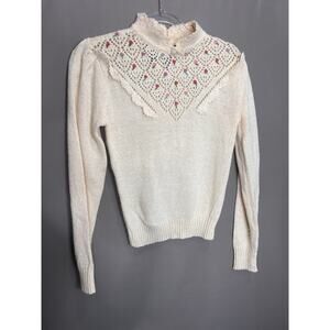 20 ANS Mariea Kim VTG Womens 80s Floral Hand Knit Turtle Neck Sweater M Coquette